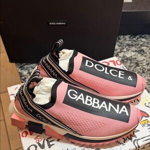 Dolce & Gabbana Pink Logo Slip-On Knit Sneakers with Black Accents